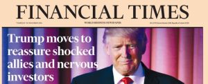 Πιο οικονομικό το σχόλιο των Financial Times που γράφουν ότι ο Τραμπ κινείται στην κατεύθυνση να διαβεβαιώσει τους σοκαρισμένους συμμάχους και τους νευρικούς επενδυτές.
