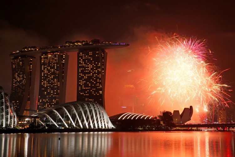 Fireworks explode in Marina Bay during New Year celebrations in Singapore