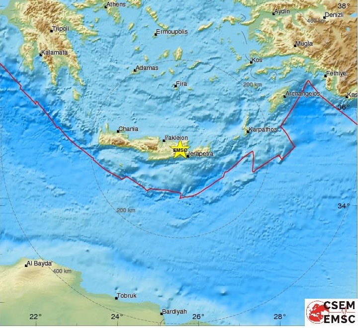 Στο χάρτη απεικονίζεται το επίκεντρο της δόνησης σύμφωνα με το Ευρωμεσογειακό Σεισμολογικό Κέντρο