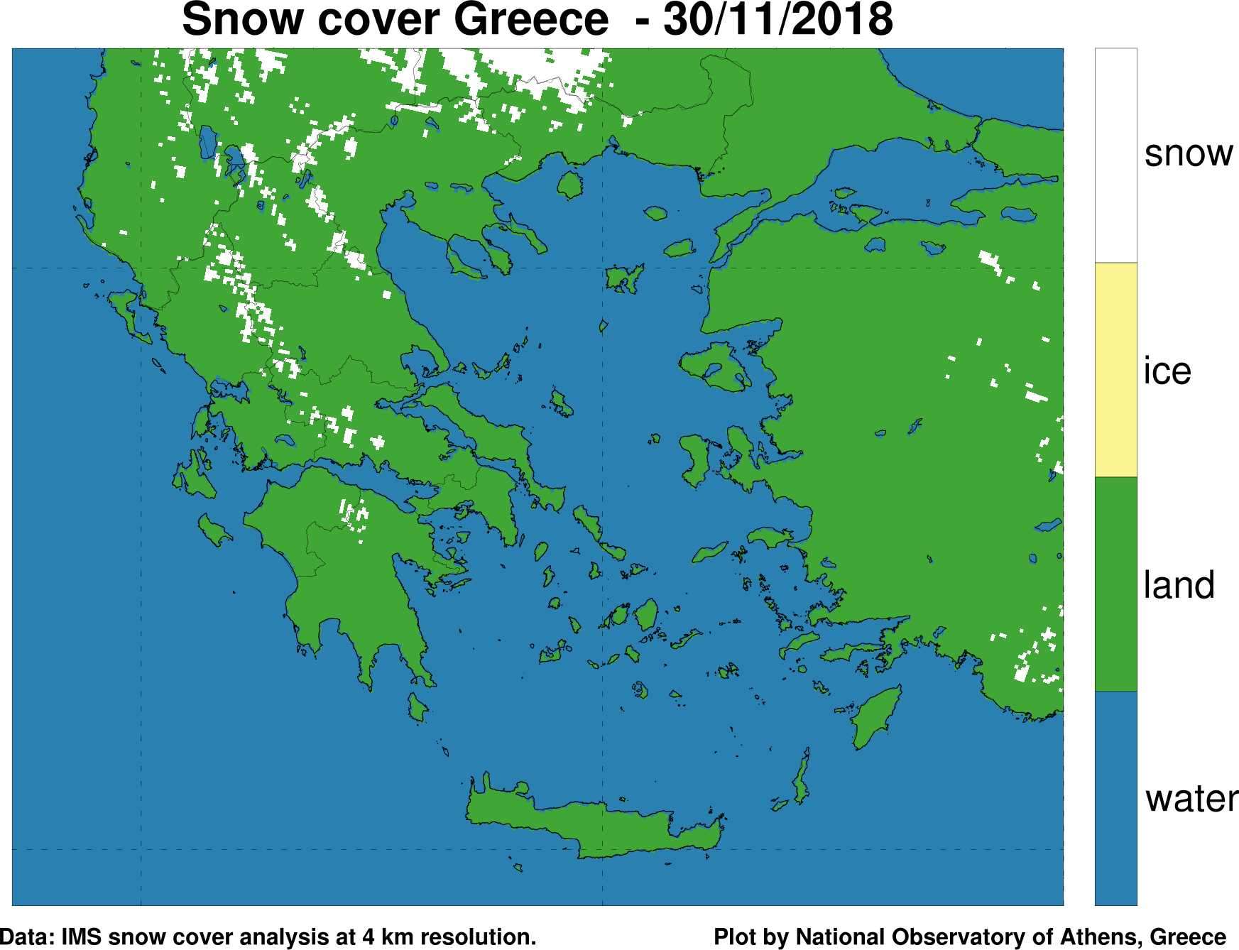 Δορυφορική εκτίμηση χιονοκάλυψης στην Ελλάδα μετά το πέρας της «Πηνελόπης». 