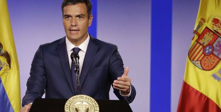 Spain's Prime Minister Pedro Sanchez talks to the media during a joint press conference at the Presidential Palace in Bogota, Colombia, Thursday, Aug. 30, 2018. Sanchez makes his first visit to Latin America as Prime Minister of Spain with a tour of Chile, Bolivia, Colombia and Costa Rica. (AP Photo/Fernando Vergara)