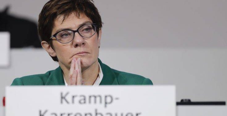 New elected Christian Democratic Union party chairwoman Annegret Kramp-Karrenbauer attend a party convention of the Christian Democratic Party CDU in Hamburg, Germany, Saturday, Dec. 8, 2018. (AP Photo/Markus Schreiber)