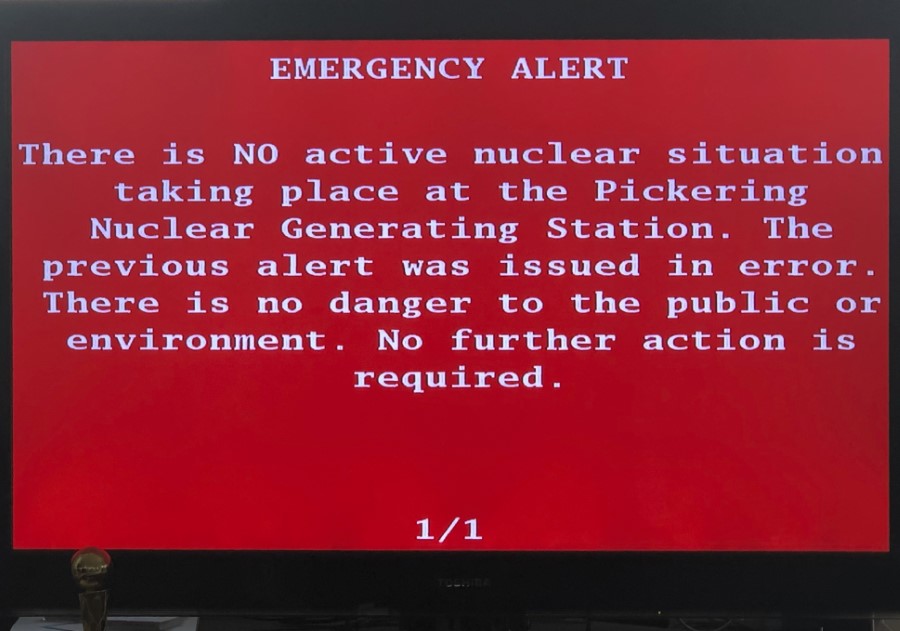 An emergency alert issued by the Canadian province of Ontario is shown on a television Sunday, Jan. 12, 2020, in Toronto, Canada. The Canadian province of Ontario sent an alert Sunday reporting an unspecified “incident” at a nuclear plant - only to later report the message was sent in error. (AP Photo/Robert Gillies)