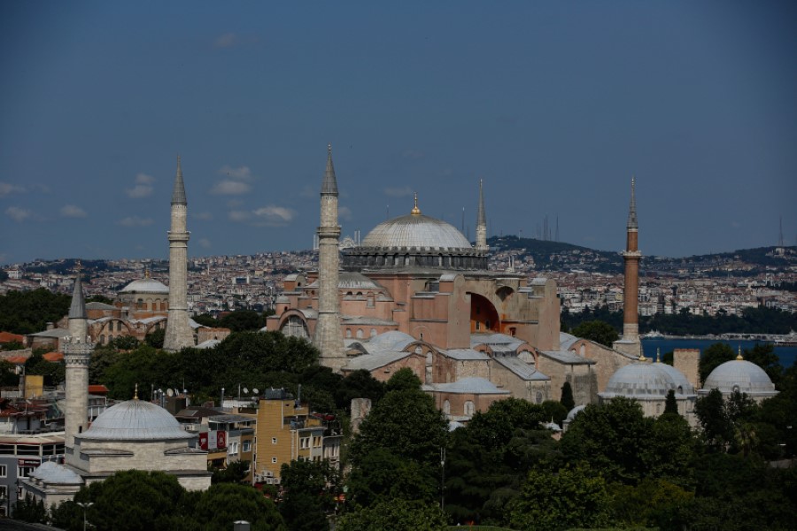 An aerial view of the Byzantine-era Hagia Sophia, one of Istanbul's main tourist attractions in the historic Sultanahmet district of Istanbul, Saturday, April 25, 2020. The 6th-century building is now at the center of a heated debate between conservative groups who want it to be reconverted into a mosque and those who believe the World Heritage site should remain a museum. (AP Photo)