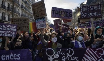 epa09061995 Protesters and activists march during the International Women's Day in Paris, France, 08 March 2021. International Women's Day (IWD) is a global day that celebrates women's achievements in socially, economically, culturally and politically and also an invitation for all elements of society to accelerate gender equality.  EPA/IAN LANGSDON