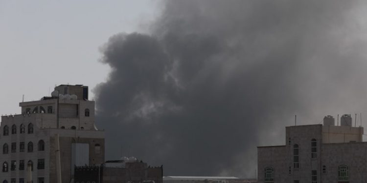 Smoke rises after Saudi-led airstrikes on an army base in Sanaa, Yemen, Sunday, Mar. 7, 2021. The Saudi-led coalition fighting Iran-backed rebels in Yemen said Sunday it launched a new air campaign on the war-torn country’s capital and on other provinces. The airstrikes come as retaliation for recent missile and drone attacks on Saudi Arabia that were claimed by the Iranian-backed rebels. (AP Photo/Hani Mohammed)