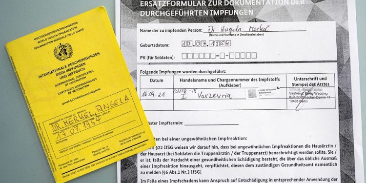A screenshot from Government spokesman Twitter account shows vaccination documents for German Chancellor Angela Merkel