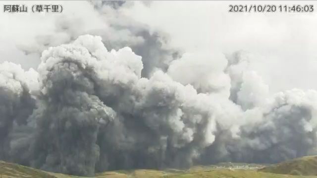 A video grab from the Japan Meteorological Agency's live camera image shows an eruption of Mount Aso in Aso, Kumamoto prefecture, Japan