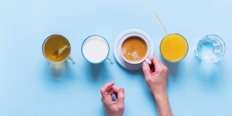 Female Hands Holds Group Useful Colorful Beverages Drink Coffee Milk Tea Orange Juice Water Flat Lay Still Life Table Top View Blue Background