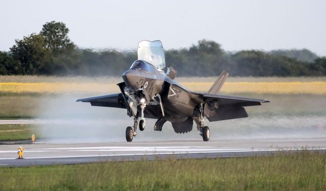 The Royal Air Force's first delivery of F35B aircraft fly from Marine Corps Air Station Beaufort in the U.S. towards their new base RAF Marnham