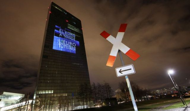 FILE PHOTO: Preview of the illumination at ECB headquarters for the Euro's 20th anniversary in Frankfurt