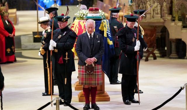 King Charles III and other members of the royal family hold a vigil at St Giles' Cathedral, Edinburgh, in honour of Queen Elizabeth II. Picture date: Monday September 12, 2022. Jane Barlow/Pool via REUTERS