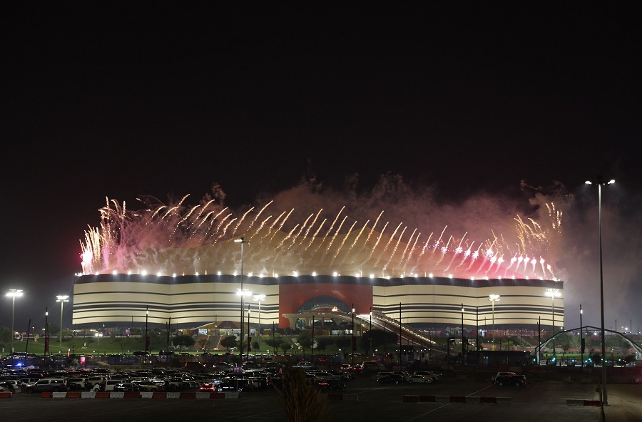 Soccer Football - FIFA World Cup Qatar 2022 - Group A - Qatar v Ecuador - Al Bayt Stadium, Al Khor, Qatar - November 20, 2022 General view outside the stadium with fireworks during the opening ceremony REUTERS/Suhaib Salem