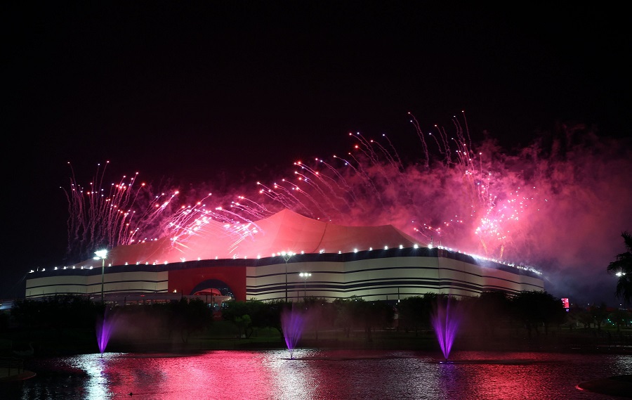 Soccer Football - FIFA World Cup Qatar 2022 - Group A - Qatar v Ecuador - Al Bayt Stadium, Al Khor, Qatar - November 20, 2022 General view outside the stadium with fireworks during the opening ceremony REUTERS/Bernadett Szabo