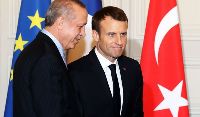 epa06418931 French President Emmanuel Macron (R) and Turkish President Recep Tayyip Erdogan (L) walk out after a joint press conference at the Elysee Palace in Paris, France, 05 January 2018. Erdogan will attempt to reset relations with Europe at talks with Macron in Paris on January 5 that are likely to be overshadowed by human rights concerns. Erdogan is in Paris for a one-day visit for bilateral talks. EPA/LUDOVIC MARIN / POOL MAXPPP OUT