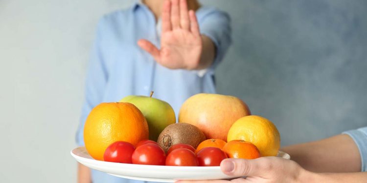 Allergy,Concept.,Young,Woman,Refusing,To,Eat,Fruits,And,Vegetable