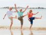 group of three senior mature retired women on their 60s having f