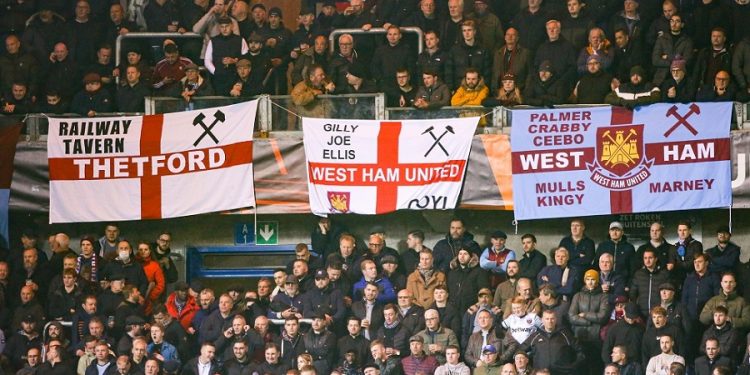GENK, BELGIUM - NOVEMBER 4: flags of fans-supporters of West Ham United during the Group H - UEFA Europa League match between KRC Genk and West Ham United at Cegeka Arena on November 4, 2021 in Genk, Belgium (Photo by Perry van de Leuvert/BSR Agency/Getty Images)