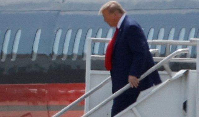 Former U.S. President Donald Trump arrives at Miami International Airport as he is to appear in a federal court on classified document charges, in Miami, Florida, U.S., June 12, 2023. REUTERS/Marco Bello