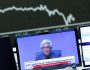 A television broadcast showing Christine Lagarde, President of the European Central Bank (ECB), is pictured during a trading session at Frankfurt's stock exchange in Frankfurt