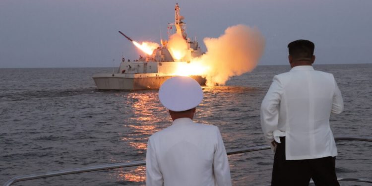 epa10811193 An undated photo released by the official North Korean Central News Agency (KCNA) on 21 August 2023 shows North Korean leader Kim Jong Un (R) inspecting a flotilla of the East Sea Fleet of the Navy of the Korean People's Army (KPA) in North Korea. EPA/KCNA EDITORIAL USE ONLY