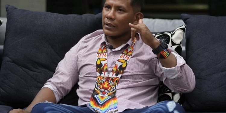 FILE - Manuel Ranoque, the father of two of the youngest Indigenous children who survived an Amazon plane crash, gives an interview in Bogota, Colombia, June 14, 2023. Colombian authorities confirmed on Friday, Aug. 11, 2023, he was detained. No information was provided on the reasons or the circumstances in which he was apprehended. (AP Photo/Fernando Vergara, File)