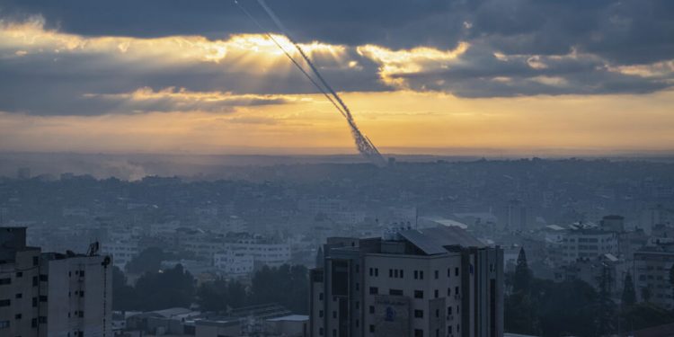 FILE - Rockets are fired toward Israel from the Gaza Strip, Saturday, Oct. 7, 2023. The rockets were fired as Hamas announced a new operation against Israel. (AP Photo/Fatima Shbair, File)