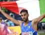 epa10129673 Ahmed Abdelwahed of Italy celebrates after placing second in the men's 3000m Steeplechase final during the Athletics events at the European Championships Munich 2022, Munich, Germany, 19 August 2022.  EPA/CHRISTIAN BRUNA