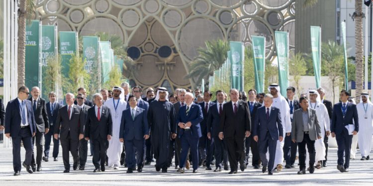 A handout picture provided by the UAE Presidential Court shows participating leaders prior to the opening ceremony of the COP28 Summit at Dubai's Expo City on December 1, 2023. World leaders take centre stage at UN climate talks in Dubai on December 1, under pressure to step up efforts to limit global warming as the Israel-Hamas conflict casts a shadow over the summit. (Photo by Abdulla AL-BEDWAWI / UAE PRESIDENTIAL COURT / AFP) / RESTRICTED TO EDITORIAL USE - MANDATORY CREDIT "AFP PHOTO / UAE PRESIDENTIAL COURT- NO MARKETING NO ADVERTISING CAMPAIGNS - DISTRIBUTED AS A SERVICE TO CLIENTS