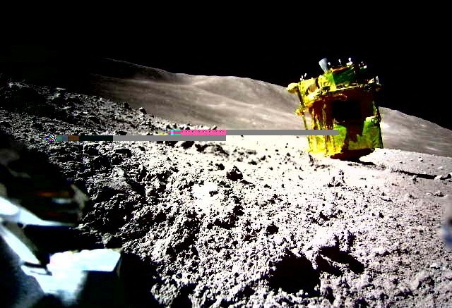 The Smart Lander for Investigating Moon (SLIM), is seen in this handout image taken by LEV-2 on the moon, released on January 25, 2024. Japan Aerospace Exploration Agency (JAXA), TAKARA TOMY, Sony Group, Doshisha University /via REUTERS ATTENTION EDITORS - THIS IMAGE HAS BEEN SUPPLIED BY A THIRD PARTY. MANDATORY CREDIT. NO RESALES. NO ARCHIVES. TEXT PROVIDED AT SOURCE. TRANSMISSION ERROR FROM SOURCE