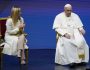 Pope Francis and Giorgia Meloni attend a conference on birthrate, at Auditorium della Conciliazione, in Rome, Friday, May 12, 2023. (AP Photo/Alessandra Tarantino)