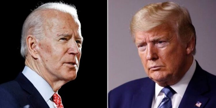 FILE - In this combination of file photos, former Vice President Joe Biden speaks in Wilmington, Del., on March 12, 2020, left, and President Donald Trump speaks at the White House in Washington on April 5, 2020. Early polling in the general election face-off between Trump and Biden bears out a gap between the two contenders when it comes to who Americans see as more compassionate to their concerns. (AP Photo, File)