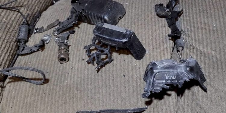 This video grab shows a walkie-talkie that was exploded inside a house, in Baalbek, east Lebanon, Wednesday, Sept. 18, 2024. (AP Photo)
