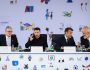 From left, Britain's Prime Minister Keir Starmer, Ukraine's President Volodymyr Zelenskyy, France's President Emmanuel Macron and Albania's Prime Minister Edi Rama attend a plenary meeting at the beginning of a summit where the leaders of 47 European countries and organizations will discuss security, defense and democratic standards, in Tirana, Albania, Friday, May 16, 2025. (Leon Neal/Pool via AP)